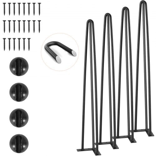 Hårnålsben 0,7 m, set med 4 skrivbordsben 408,2 kg lastkapacitet, hårnålsben 3 stänger för skrivbordsstolar, bänk, matbord, massiva kolstål, kraftiga möbelben, svarta