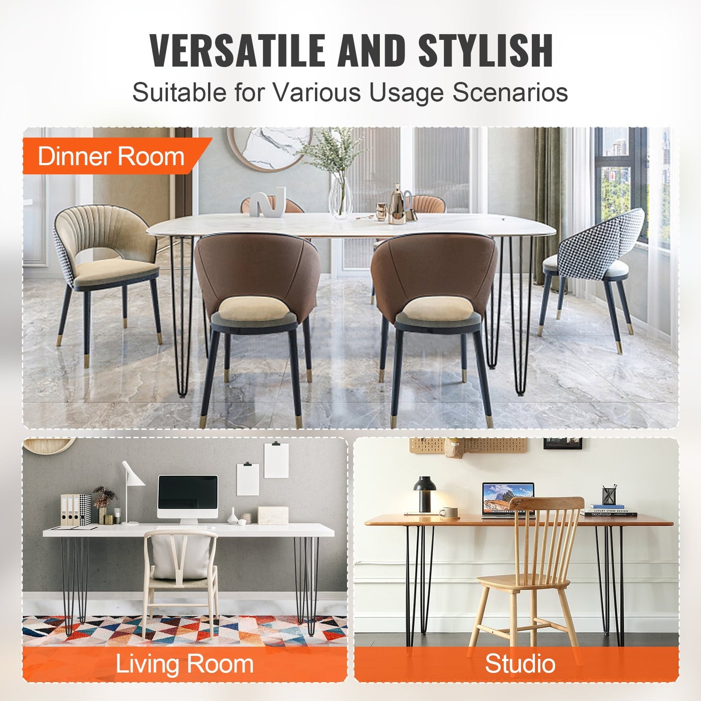 Hårnålsben 0,7 m, set med 4 skrivbordsben 408,2 kg lastkapacitet, hårnålsben 3 stänger för skrivbordsstolar, bänk, matbord, massiva kolstål, kraftiga möbelben, svarta