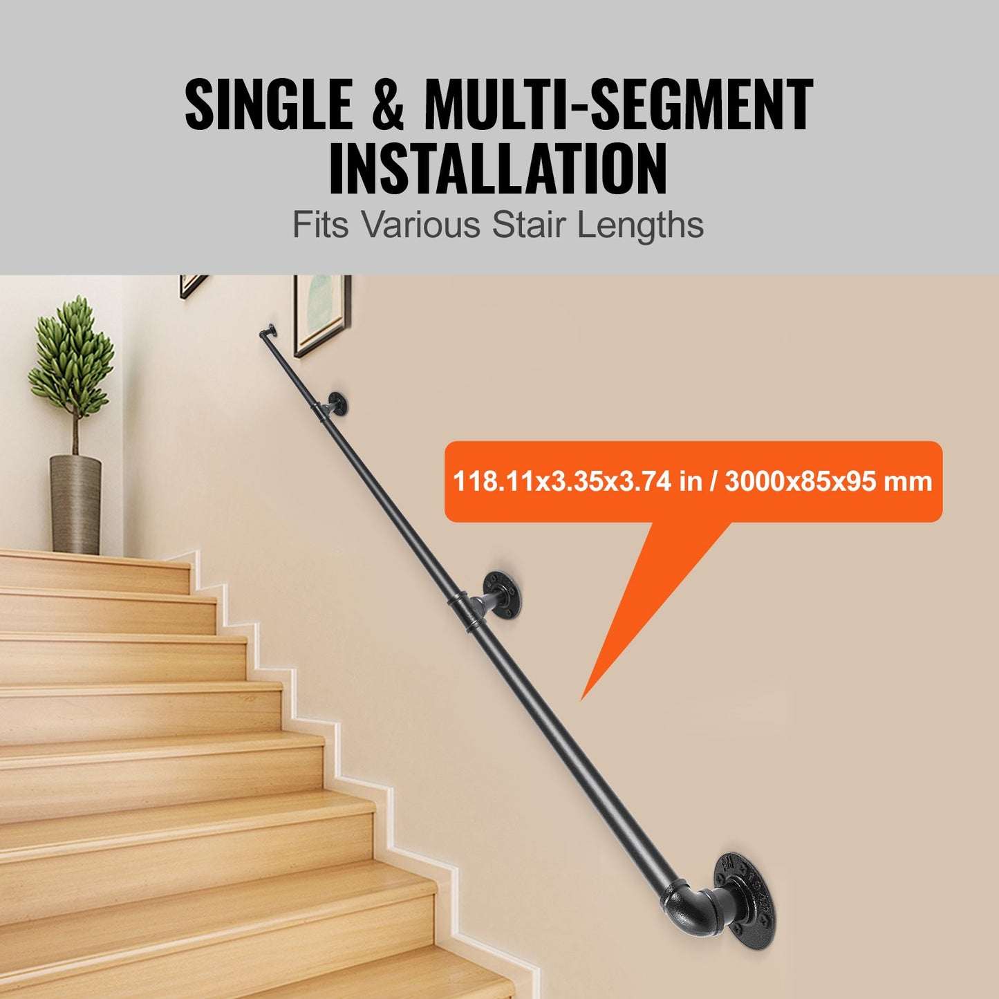 Pipe Stair Handrail, 304.8 cm Staircase Handrail, 199.6 kg Load Capacity Carbon Steel Pipe Handrail, Industrial Pipe Handrail with Wall Mount Support, Round Corner Wall Handrailing for Indoor, Outdoor