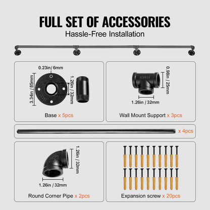 Rörräcke för trappsteg, 396,2 cm trappräcke, 199,6 kg lastkapacitet Ledstång i kolstålsrör, Industriell rörräcke med väggfäste, Runt hörnväggledstång för inomhus- och utomhusbruk