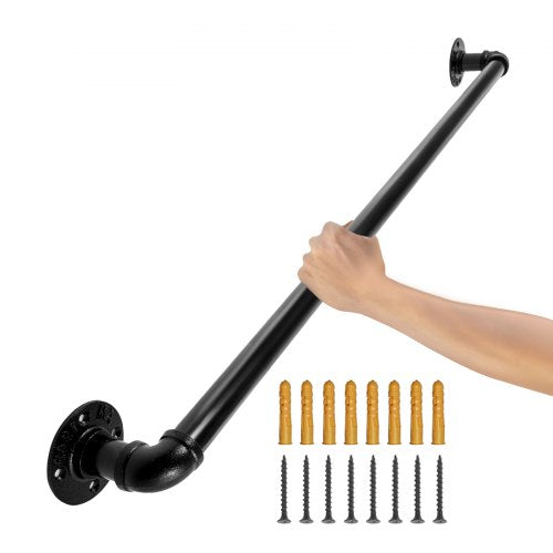 Pipe Stair Handrail, 91.4 cm Staircase Handrail, 199.6 kg Load Capacity Carbon Steel Pipe Handrail, Industrial Pipe Handrail with Wall Mount Support, Round Corner Wall Handrailings for Indoor, Outdoor