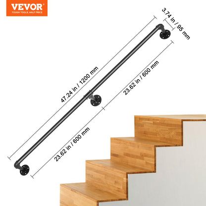 Pipe Stair Handrail, 121.9 cm Staircase Handrail, 199.6 kg Load Capacity Carbon Steel Pipe Handrail, Industrial Pipe Handrail with Wall Mount Support, Round Corner Wall Handrailings for Indoor, Outdoor