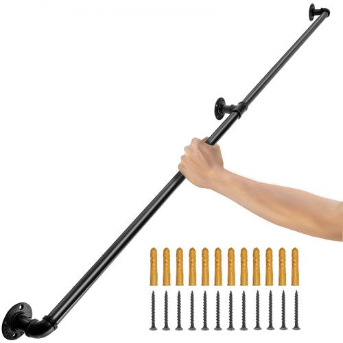 Rörräcke för trappsteg, 182,9 cm trappräcke, 199,6 kg lastkapacitet Ledstång i kolstålsrör, Industriell rörräcke med väggfäste, Runda hörnväggledstänger för inomhus- och utomhusbruk