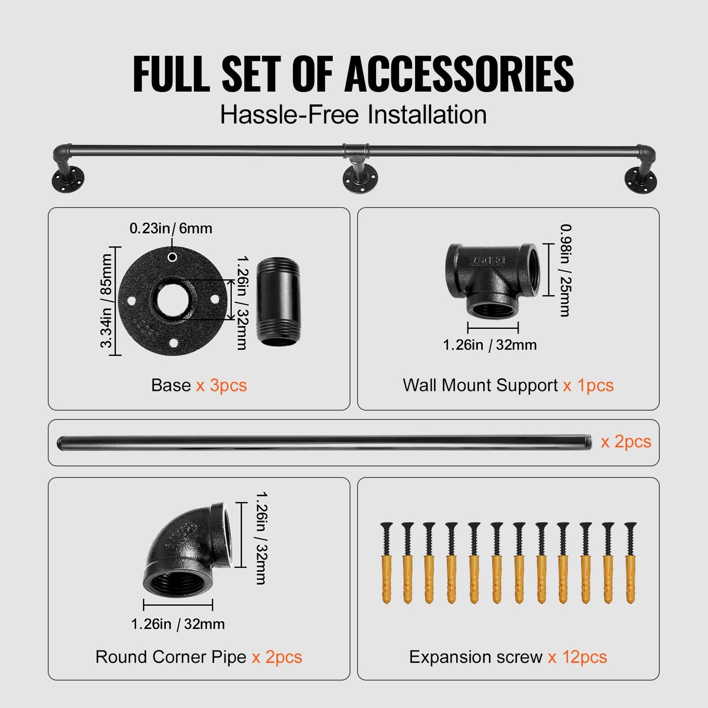 Pipe Stair Handrail, 213.4 cm Staircase Handrail, 199.6 kg Load Capacity Carbon Steel Pipe Handrail, Industrial Pipe Handrail with Wall Mount Support, Round Corner Wall Handrailings for Indoor, Outdoor