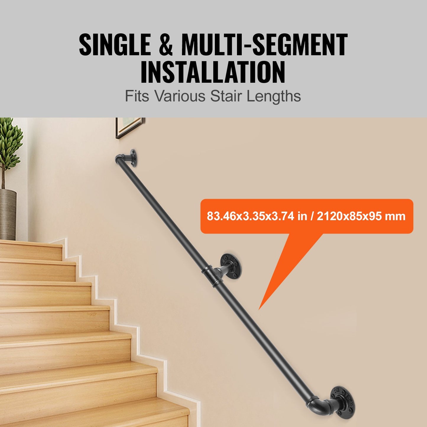 Pipe Stair Handrail, 213.4 cm Staircase Handrail, 199.6 kg Load Capacity Carbon Steel Pipe Handrail, Industrial Pipe Handrail with Wall Mount Support, Round Corner Wall Handrailings for Indoor, Outdoor
