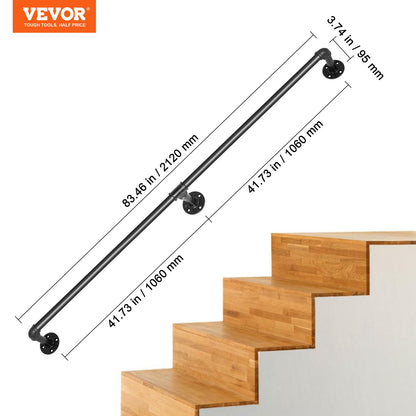 Pipe Stair Handrail, 213.4 cm Staircase Handrail, 199.6 kg Load Capacity Carbon Steel Pipe Handrail, Industrial Pipe Handrail with Wall Mount Support, Round Corner Wall Handrailings for Indoor, Outdoor