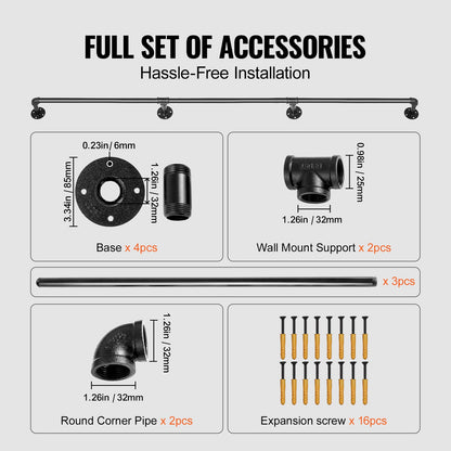 Pipe Stair Handrail, 243.8 cm Staircase Handrail, 199.6 kg Load Capacity Carbon Steel Pipe Handrail, Industrial Pipe Handrail with Wall Mount Support, Round Corner Wall Handrailings for Indoor, Outdoor