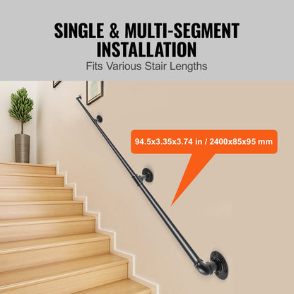 Pipe Stair Handrail, 243.8 cm Staircase Handrail, 199.6 kg Load Capacity Carbon Steel Pipe Handrail, Industrial Pipe Handrail with Wall Mount Support, Round Corner Wall Handrailings for Indoor, Outdoor