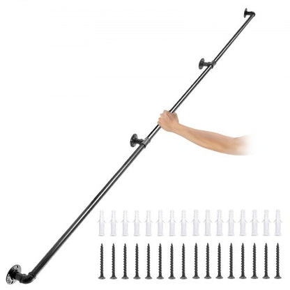 Pipe Stair Handrail, 274.3 cm Staircase Handrail, 199.6 kg Load Capacity Carbon Steel Pipe Handrail, Industrial Pipe Handrail with Wall Mount Support, Round Corner Wall Handrailings for Indoor, Outdoor