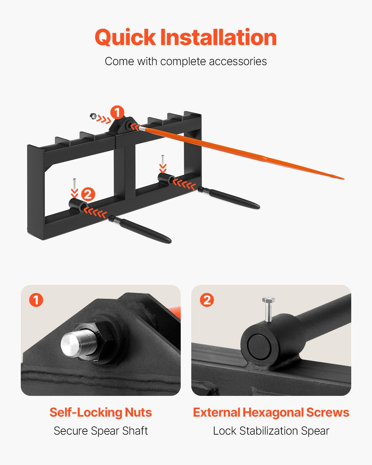 49" Hay Spear, Bale Spears 1600lbs Loading Capacity, Skid Steer Loader Tractor Attachment with 2pcs 17.5" Stabilizer Spears, Quick Attach Spike Forks