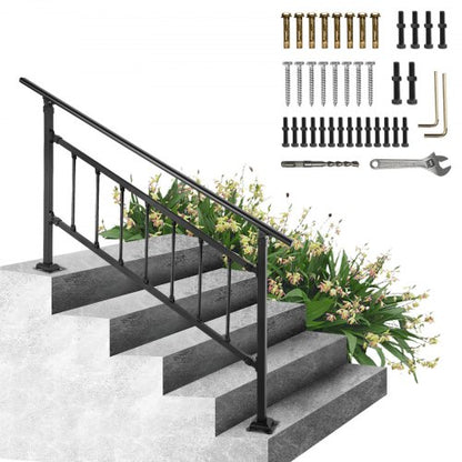 Outdoor Stair Railing, Fits for 1-4 Steps Transitional Wrought Iron Handrail, Adjustable Exterior Stair Railing, Handrails for Concrete Steps with Installation Kit, Matte Black Outdoor Handrail