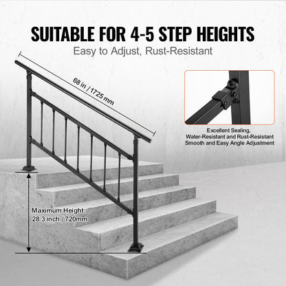 Outdoor Stair Railing, Fits for 1-4 Steps Transitional Wrought Iron Handrail, Adjustable Exterior Stair Railing, Handrails for Concrete Steps with Installation Kit, Matte Black Outdoor Handrail