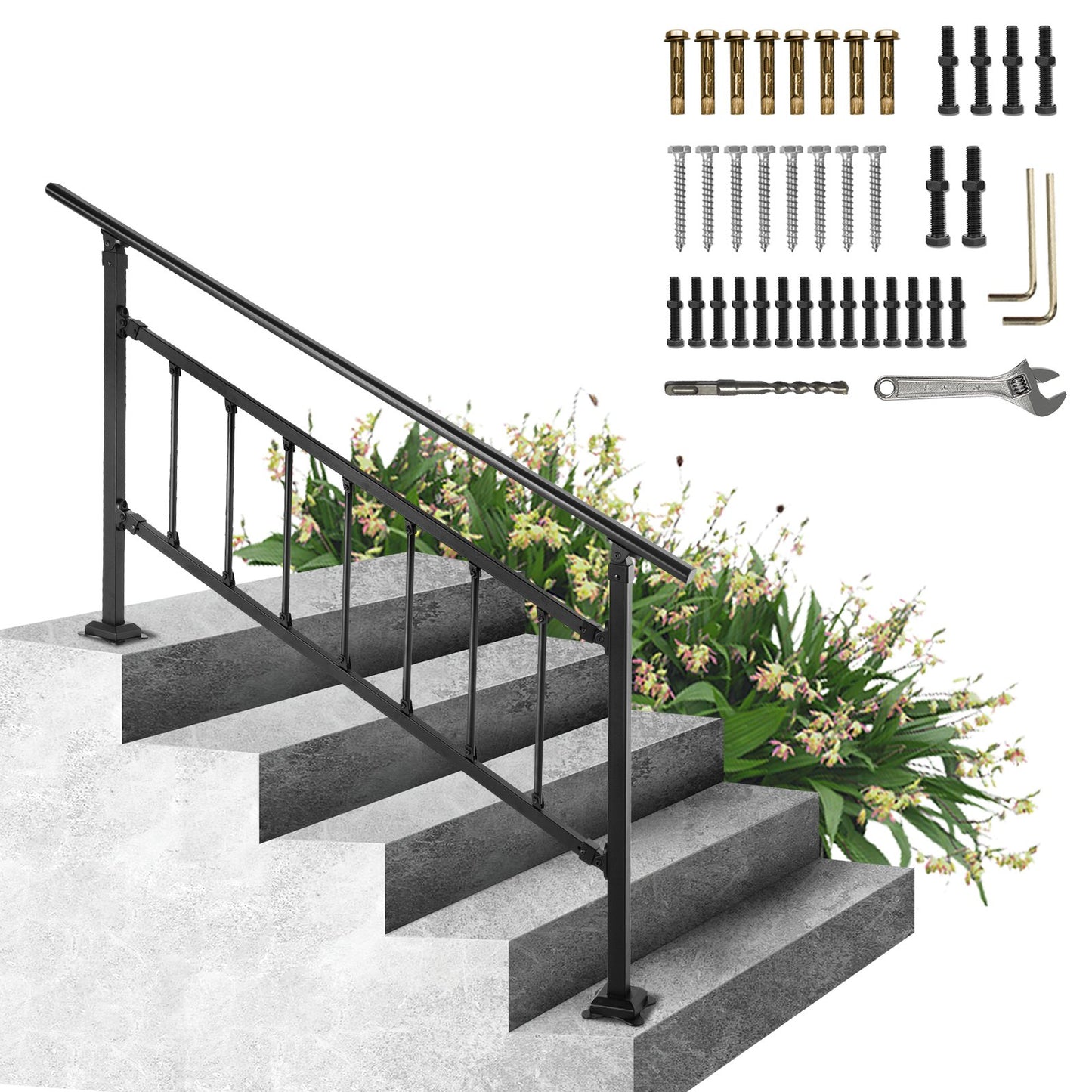 Outdoor Stair Railing, Fits for 1-4 Steps Transitional Wrought Iron Handrail, Adjustable Exterior Stair Railing, Handrails for Concrete Steps with Installation Kit, Matte Black Outdoor Handrail