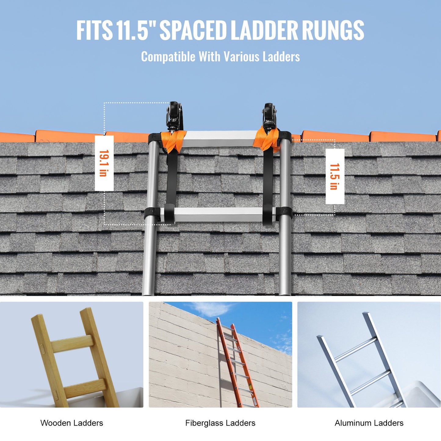 Ladder Roof Hook, 2 Pack with Fixed Wheel & Swivel Bar, Wheel Heavy Duty Steel Ladder Stabilizer, Roof Ridge Extension for Damage Prevention, 600 lbs Weight Rating, Easy to Access Steep Roofs