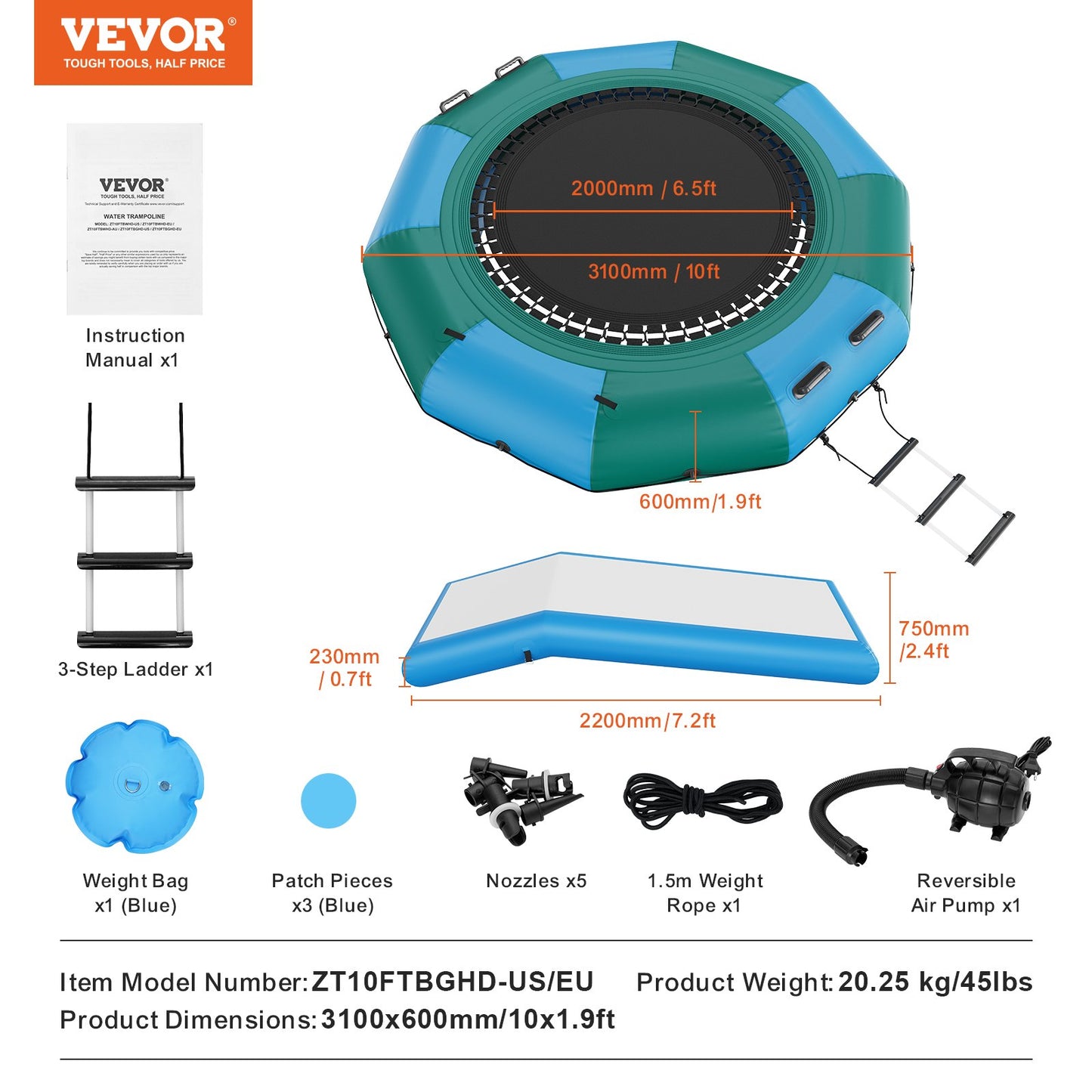 Inflatable Water Bouncer, 10ft Recreational Water Trampoline, Portable Bounce Swim Platform with Slide, 3-Step Ladder & Electric Air Pump, Kid Adult Floating Rebounder for Pool Lake Water Sports