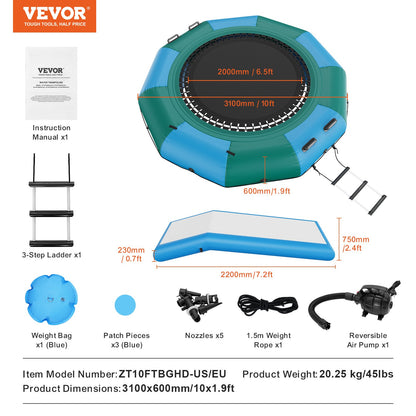 Inflatable Water Bouncer, 10ft Recreational Water Trampoline, Portable Bounce Swim Platform with Slide, 3-Step Ladder & Electric Air Pump, Kid Adult Floating Rebounder for Pool Lake Water Sports