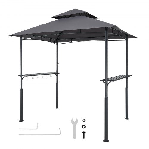 Grill Gazebo, 2.43 x 1.5 m Reinforced Outdoor BBQ Gazebo with Double-Tiered Roof, Powder-Coated Steel Patio Grill Shelter with 2 Side Shelves & 8 Hooks, Grilling Canopy for Patio Backyard Garden