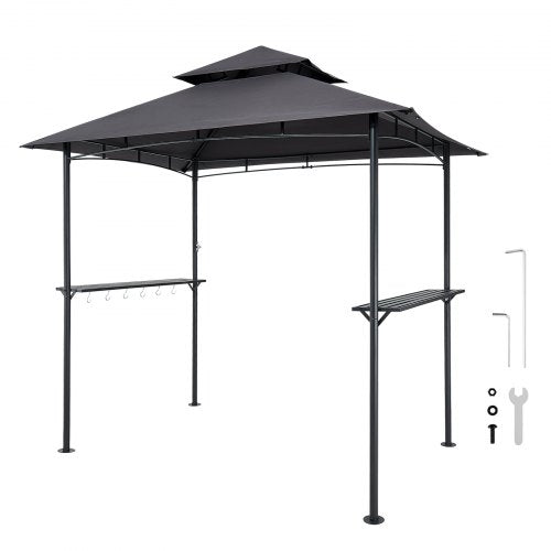 Grill Gazebo, 2.43 x 1.5 m Outdoor BBQ Gazebo with Double-Tiered Roof, Powder-Coated Steel Patio Grill Shelter with 2 Side Shelves & 8 Hooks, Grilling Canopy for Patio Backyard Garden Picnic