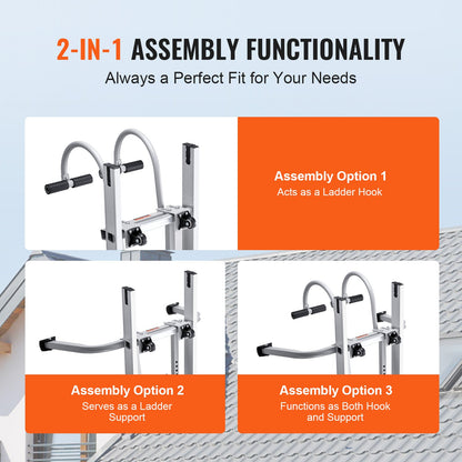 Stegstabilisator, 2-i-1-förlängningskrok för väggstege, tillbehör till taknockstege både horisontellt och vertikalt, kraftig T-stång i stål med gummigrepp, snabb åtkomst till branta tak