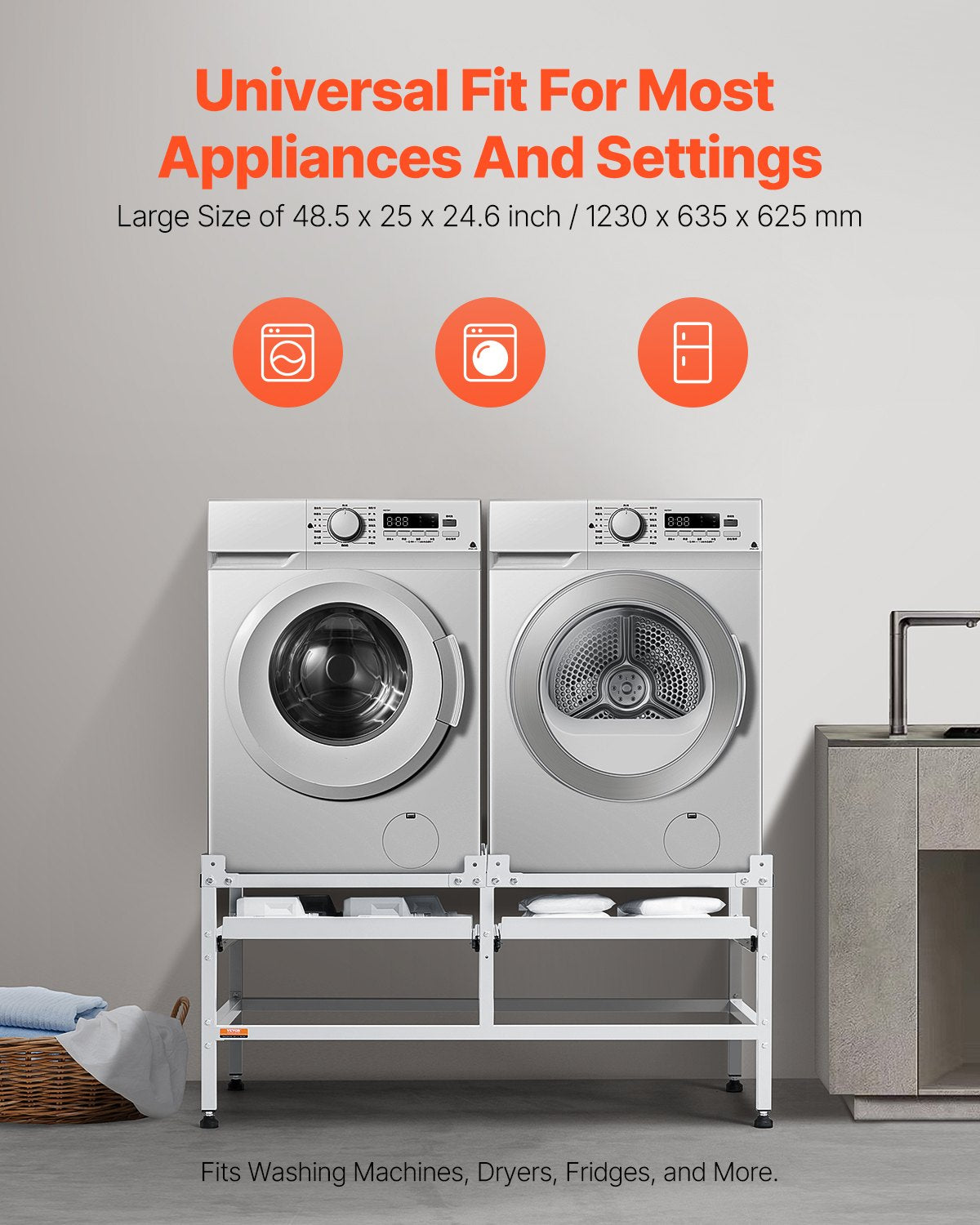 Tvättmaskinsstativ, 48,5x25-tums tvättmaskinspiedestal, 590 kg lastkapacitet, tvättmaskin- och torktumlarpiedestal med dubbla fack, 4 justerbara fötter för att lyfta tvättmaskiner, kolstål