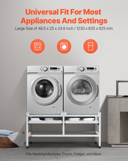 Tvättmaskinsstativ, 48,5x25-tums tvättmaskinspiedestal, 590 kg lastkapacitet, tvättmaskin- och torktumlarpiedestal med dubbla fack, 4 justerbara fötter för att lyfta tvättmaskiner, kolstål