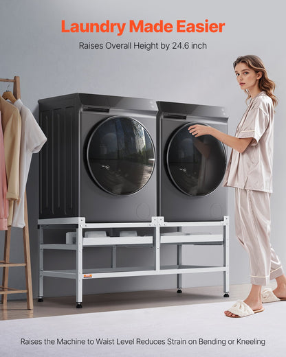 Tvättmaskinsstativ, 48,5x25-tums tvättmaskinspiedestal, 590 kg lastkapacitet, tvättmaskin- och torktumlarpiedestal med dubbla fack, 4 justerbara fötter för att lyfta tvättmaskiner, kolstål