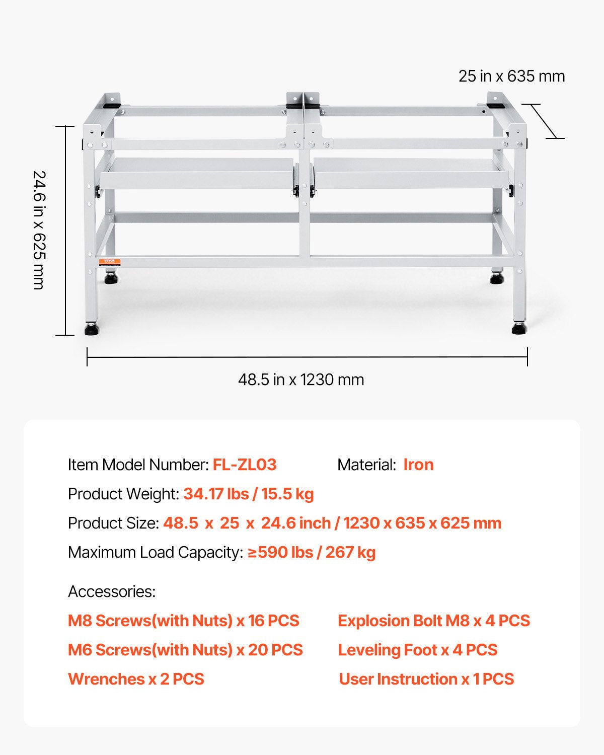 Tvättmaskinsstativ, 48,5x25-tums tvättmaskinspiedestal, 590 kg lastkapacitet, tvättmaskin- och torktumlarpiedestal med dubbla fack, 4 justerbara fötter för att lyfta tvättmaskiner, kolstål