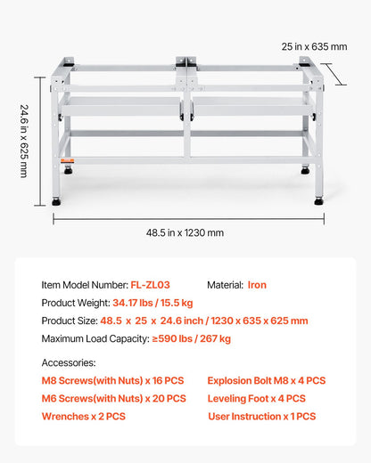 Tvättmaskinsstativ, 48,5x25-tums tvättmaskinspiedestal, 590 kg lastkapacitet, tvättmaskin- och torktumlarpiedestal med dubbla fack, 4 justerbara fötter för att lyfta tvättmaskiner, kolstål