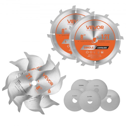 Sats med säkringsblad, 203 mm diameter, 12 vassa legeringständer, 15,875 mm spindel, fin yta, stapelbara säkringsblad med flishuggare och mellanlägg, ljudreducerande värmeventiler, för skärning av plywood, OSB, lövträ