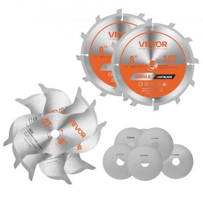 Sats med säkringsblad, 203 mm diameter, 12 vassa legeringständer, 15,875 mm spindel, fin yta, stapelbara säkringsblad med flishuggare och mellanlägg, ljudreducerande värmeventiler, för skärning av plywood, OSB, lövträ