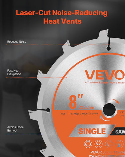 Sats med säkringsblad, 203 mm diameter, 12 vassa legeringständer, 15,875 mm spindel, fin yta, stapelbara säkringsblad med flishuggare och mellanlägg, ljudreducerande värmeventiler, för skärning av plywood, OSB, lövträ