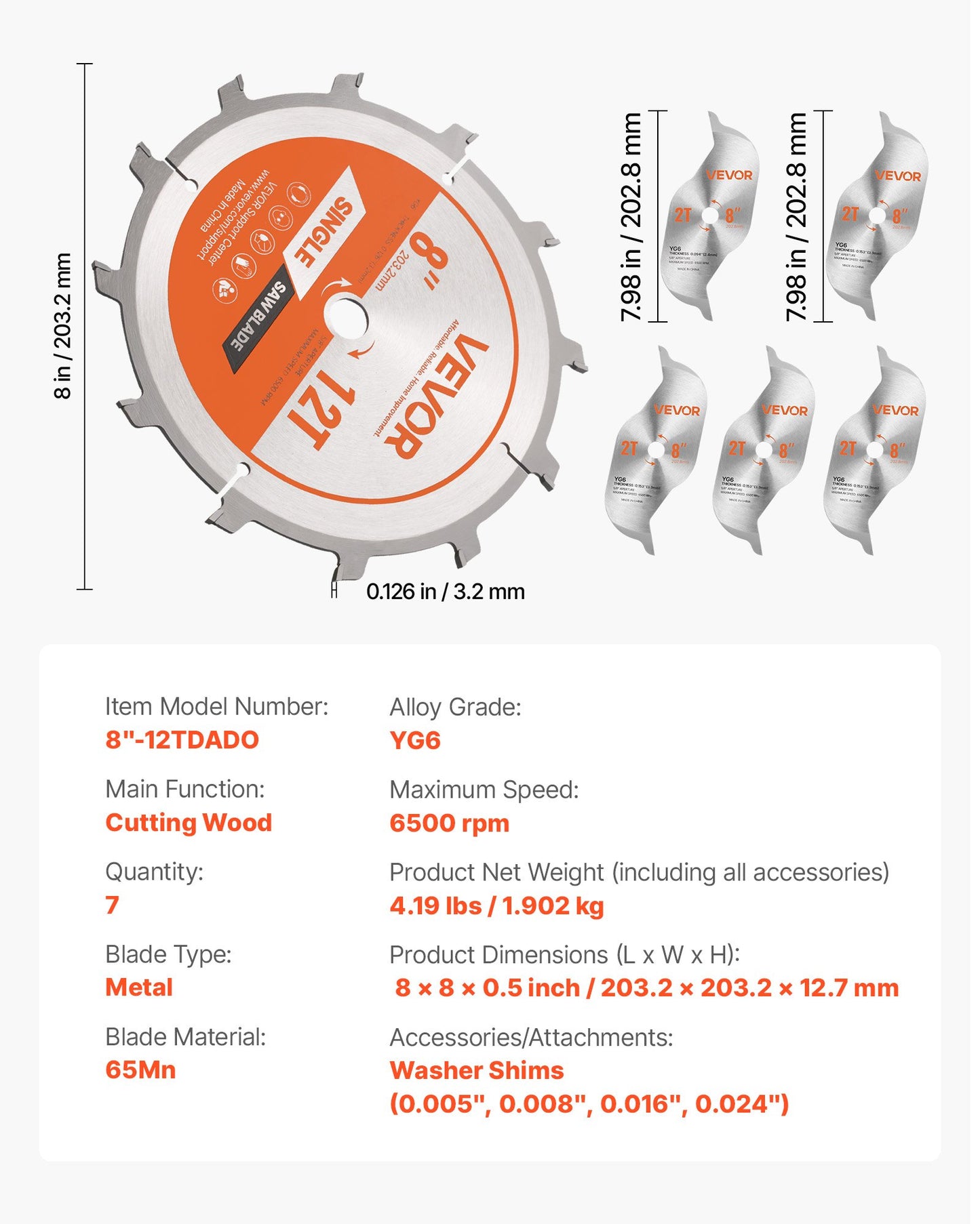 Sats med säkringsblad, 203 mm diameter, 12 vassa legeringständer, 15,875 mm spindel, fin yta, stapelbara säkringsblad med flishuggare och mellanlägg, ljudreducerande värmeventiler, för skärning av plywood, OSB, lövträ
