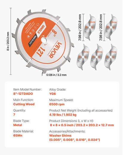 Sats med säkringsblad, 203 mm diameter, 12 vassa legeringständer, 15,875 mm spindel, fin yta, stapelbara säkringsblad med flishuggare och mellanlägg, ljudreducerande värmeventiler, för skärning av plywood, OSB, lövträ