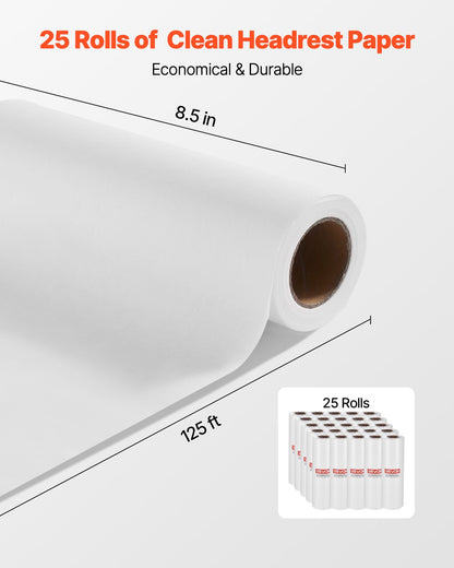 Headrest Paper Rolls, 25-Pack 8.5" x 125 ft Medical Exam Paper with Crepe Surface, Disposable Headrest Paper for Barrier Protection, Ideal for Massage, Exam and Chiropractic Tables, White