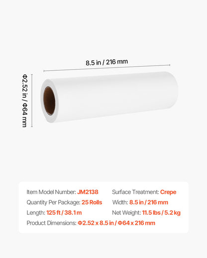 Headrest Paper Rolls, 25-Pack 8.5" x 125 ft Medical Exam Paper with Crepe Surface, Disposable Headrest Paper for Barrier Protection, Ideal for Massage, Exam and Chiropractic Tables, White