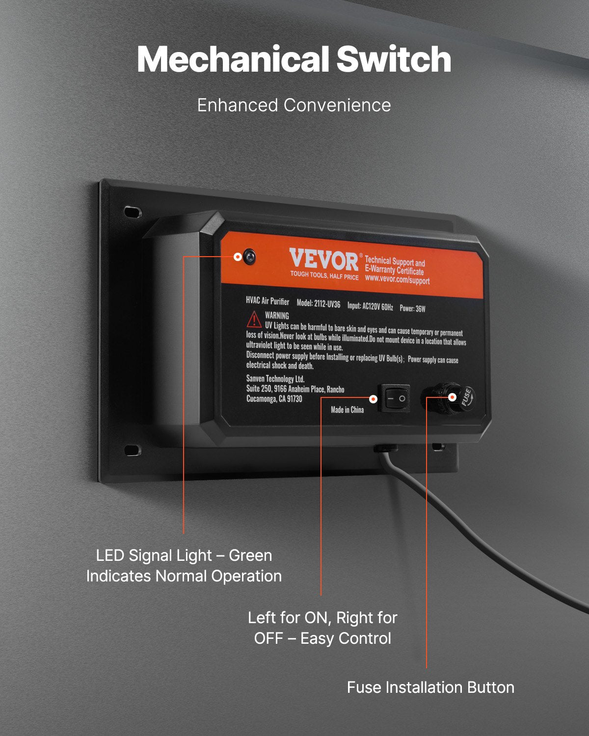 HVAC Air Purifier Whole House, 36W 16inch, UV UVC Light in Duct for Ac (Air Conditioning) Duct, Air Scrubber with 1 Replacement Bulb, HVAC UV lights for Ac Systems