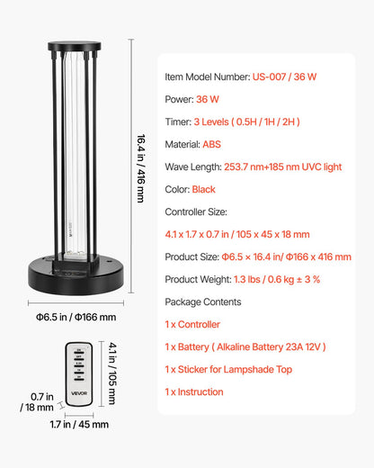 UV-ljus, 36W ultraviolett lampa med ozonrenare, UVC-lampa med 30/60/120 minuters timer med 3 växlar och fjärrkontroll, för rum upp till 37 m², UVO-lampor för vardagsrum, sovrum, hotell, skola