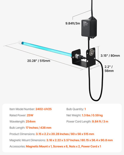 HVAC luftrenare, 25W 17 tum, UV UVC-ljusspolrengörare med magnet i kanal för AC (luftkonditionering) kanal, luftskrubber med 1 ersättningslampa, HVAC UV-lampor för AC-system