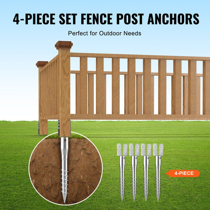 No Dig Ground Anchor, 4 Pack 3.94 x 2.76 x 27.56 in/10 x 7 x 70 cm DIY Screw in Post Stake, Includes 6 Lag Bolts & a Rebar, U-Shape Heavy Duty Steel Post Holder, Great for Mailbox Posts and Fence Posts