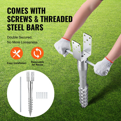 No Dig Ground Anchor, 4 Pack 3.94 x 2.76 x 27.56 in/10 x 7 x 70 cm DIY Screw in Post Stake, Includes 6 Lag Bolts & a Rebar, U-Shape Heavy Duty Steel Post Holder, Great for Mailbox Posts and Fence Posts