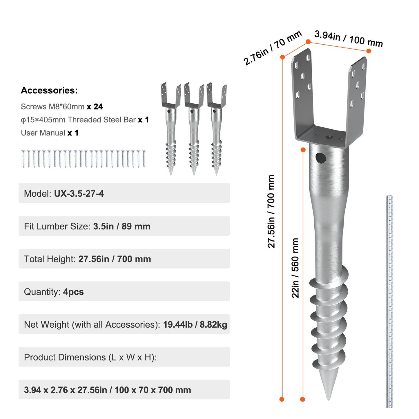 No Dig Ground Anchor, 4 Pack 3.94 x 2.76 x 27.56 in/10 x 7 x 70 cm DIY Screw in Post Stake, Includes 6 Lag Bolts & a Rebar, U-Shape Heavy Duty Steel Post Holder, Great for Mailbox Posts and Fence Posts