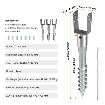 No Dig Ground Anchor, 4 Pack 3.94 x 2.76 x 27.56 in/10 x 7 x 70 cm DIY Screw in Post Stake, Includes 6 Lag Bolts & a Rebar, U-Shape Heavy Duty Steel Post Holder, Great for Mailbox Posts and Fence Posts
