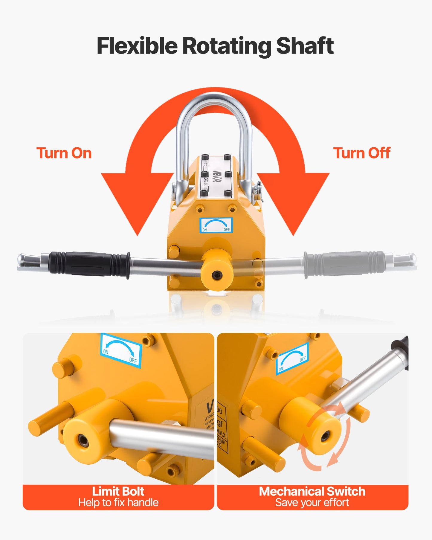Permanentmagnetisk lyftanordning, 600 kg dragkapacitet, kraftig N42 neodymlyftmagnet med frigöringshandtag och stålkrok, används i verkstadskran och lyftanordning, för lyft av plåt, stål och bräda