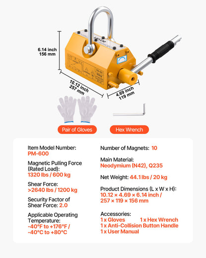 Permanentmagnetisk lyftanordning, 600 kg dragkapacitet, kraftig N42 neodymlyftmagnet med frigöringshandtag och stålkrok, används i verkstadskran och lyftanordning, för lyft av plåt, stål och bräda