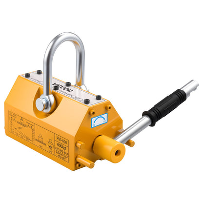 Permanentmagnetisk lyftanordning, 600 kg dragkapacitet, kraftig N42 neodymlyftmagnet med frigöringshandtag och stålkrok, används i verkstadskran och lyftanordning, för lyft av plåt, stål och bräda