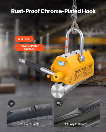 Permanent Magnetic Lifter, 1000 kg Pulling Capacity, Heavy Duty N42 Neodymium Lifting Magnet with Release Handle and Steel Hook, Used in Shop Crane and Hoist, for Lifting Plate Steel, Board