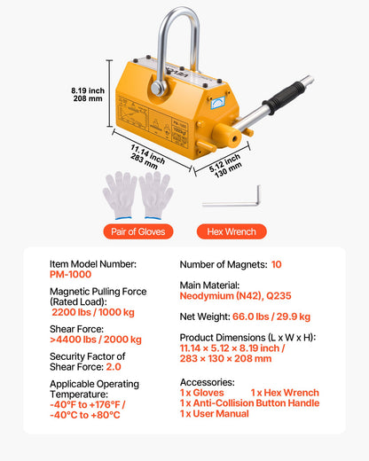 Permanent Magnetic Lifter, 1000 kg Pulling Capacity, Heavy Duty N42 Neodymium Lifting Magnet with Release Handle and Steel Hook, Used in Shop Crane and Hoist, for Lifting Plate Steel, Board