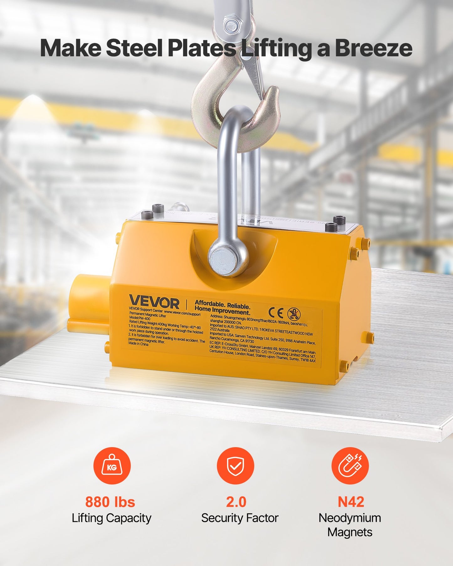 Permanent Magnetic Lifter, 400 kg Pulling Capacity, Heavy Duty N42 Neodymium Lifting Magnet with Release Handle and Steel Hook, Used in Shop Crane and Hoist, for Lifting Plate Steel, Board