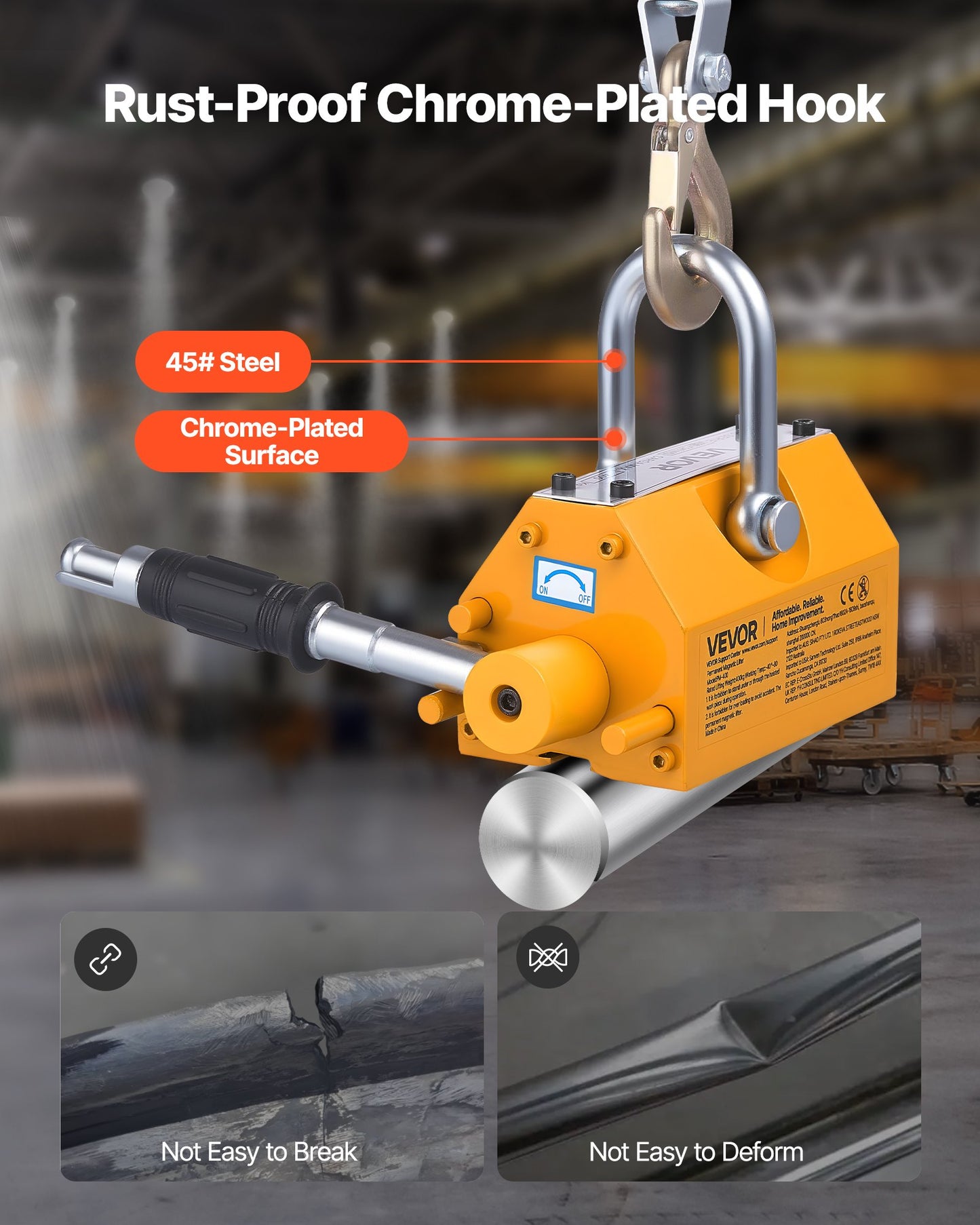 Permanent Magnetic Lifter, 400 kg Pulling Capacity, Heavy Duty N42 Neodymium Lifting Magnet with Release Handle and Steel Hook, Used in Shop Crane and Hoist, for Lifting Plate Steel, Board