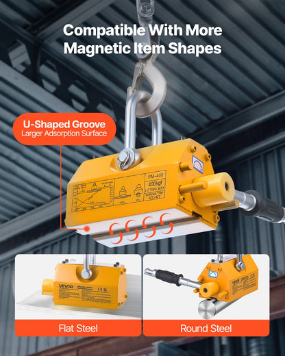 Permanent Magnetic Lifter, 400 kg Pulling Capacity, Heavy Duty N42 Neodymium Lifting Magnet with Release Handle and Steel Hook, Used in Shop Crane and Hoist, for Lifting Plate Steel, Board